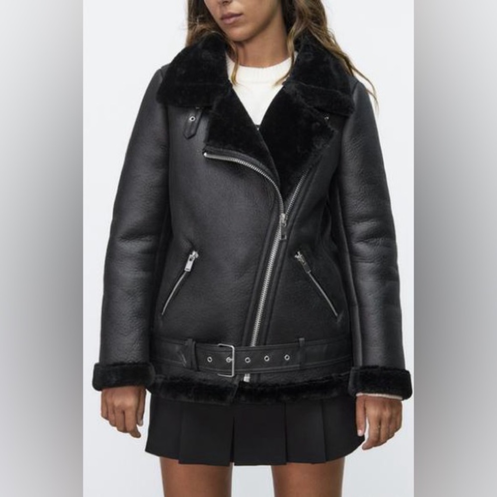 Zara Black Leather Shearling Jacket